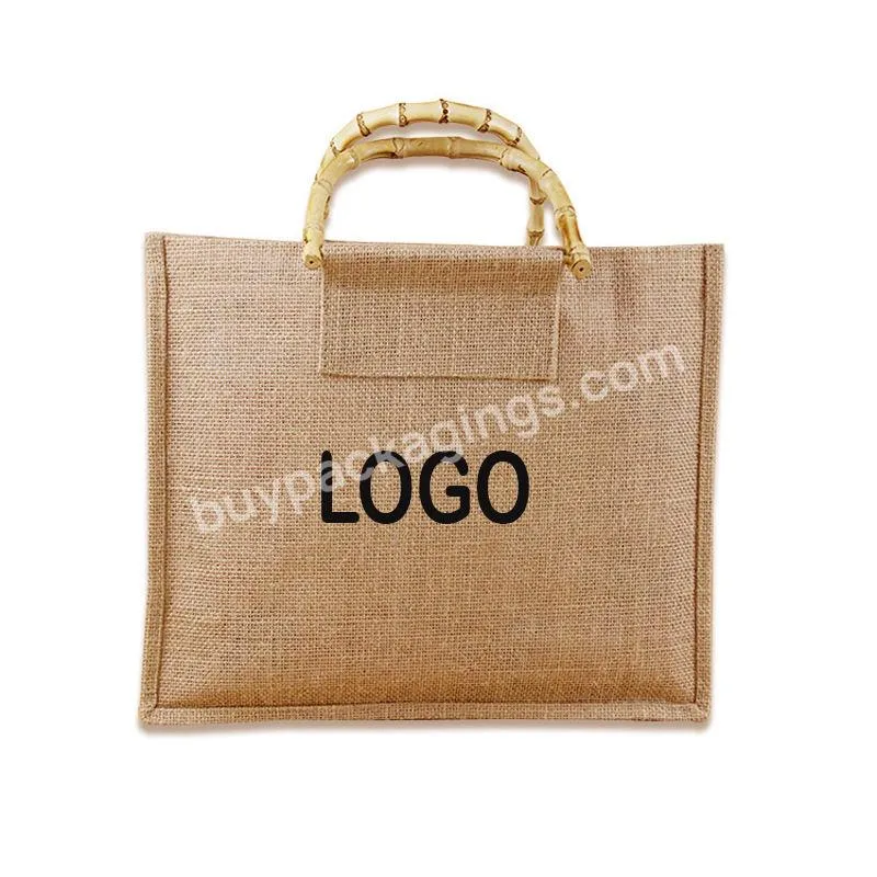 Inner Laminated Pe Film Waterproof Vintage Burlap Nature Linen Bag Gift Packing Bag Bamboo Handle Tote Shopping Bag