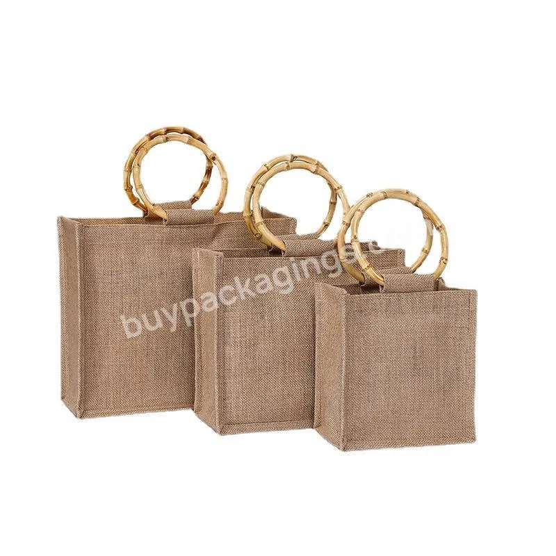 Inner Laminated Pe Film Waterproof Vintage Burlap Nature Linen Bag Gift Packing Bag Bamboo Handle Tote Shopping Bag