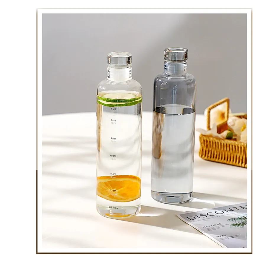 INS Style Juice Drink Cup High Beauty Glass Material Transparent Water Bottle Portable Coffee Time Scale Cup