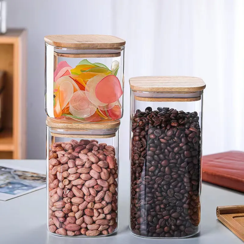 Kitchen Airtight Storage Jar Glass Coffee Beans Storage Containers With Acacia Wooden Lid