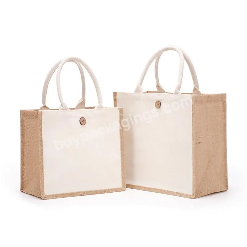 Large Capacity Women Casual Storage Handbag Reusable Burlap Jute Tote Shopping Bag Sturdy Handle For Travel Beach