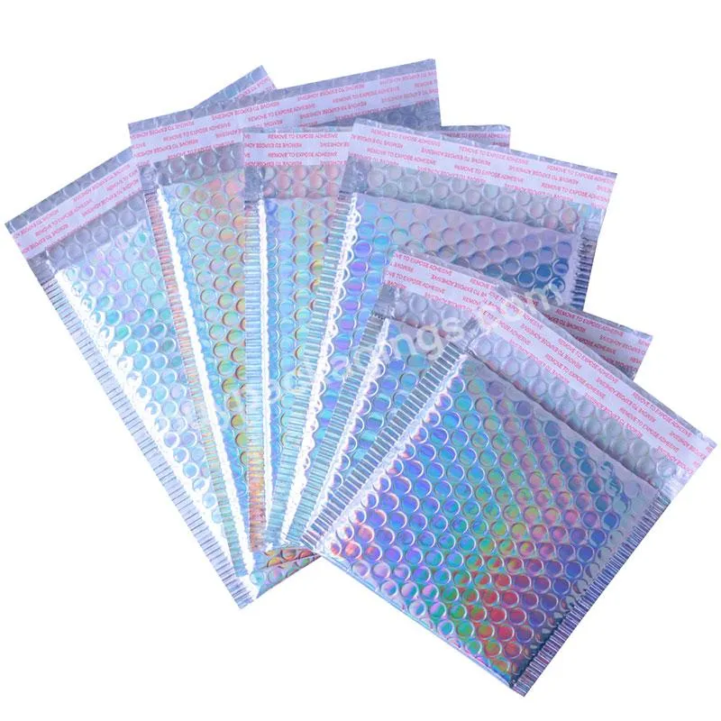 Laser Silver Metallic Poly Bubble Mailer Tamper Proof Bags Rainbow Holographic Padded Envelopes For Wigs False Nail Packaging