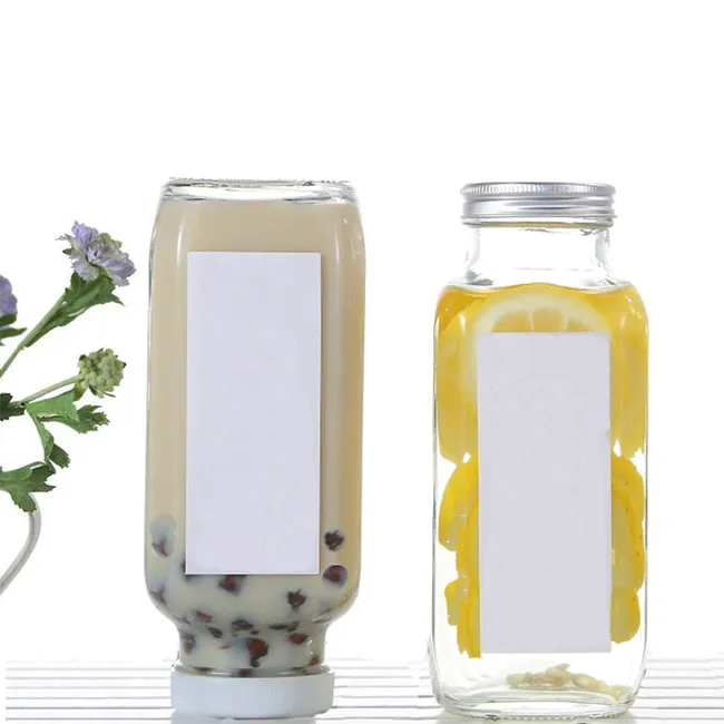 Low Price Custom Reusable Square Juice Milk Beverage Glass Bottle With Aluminium Lid