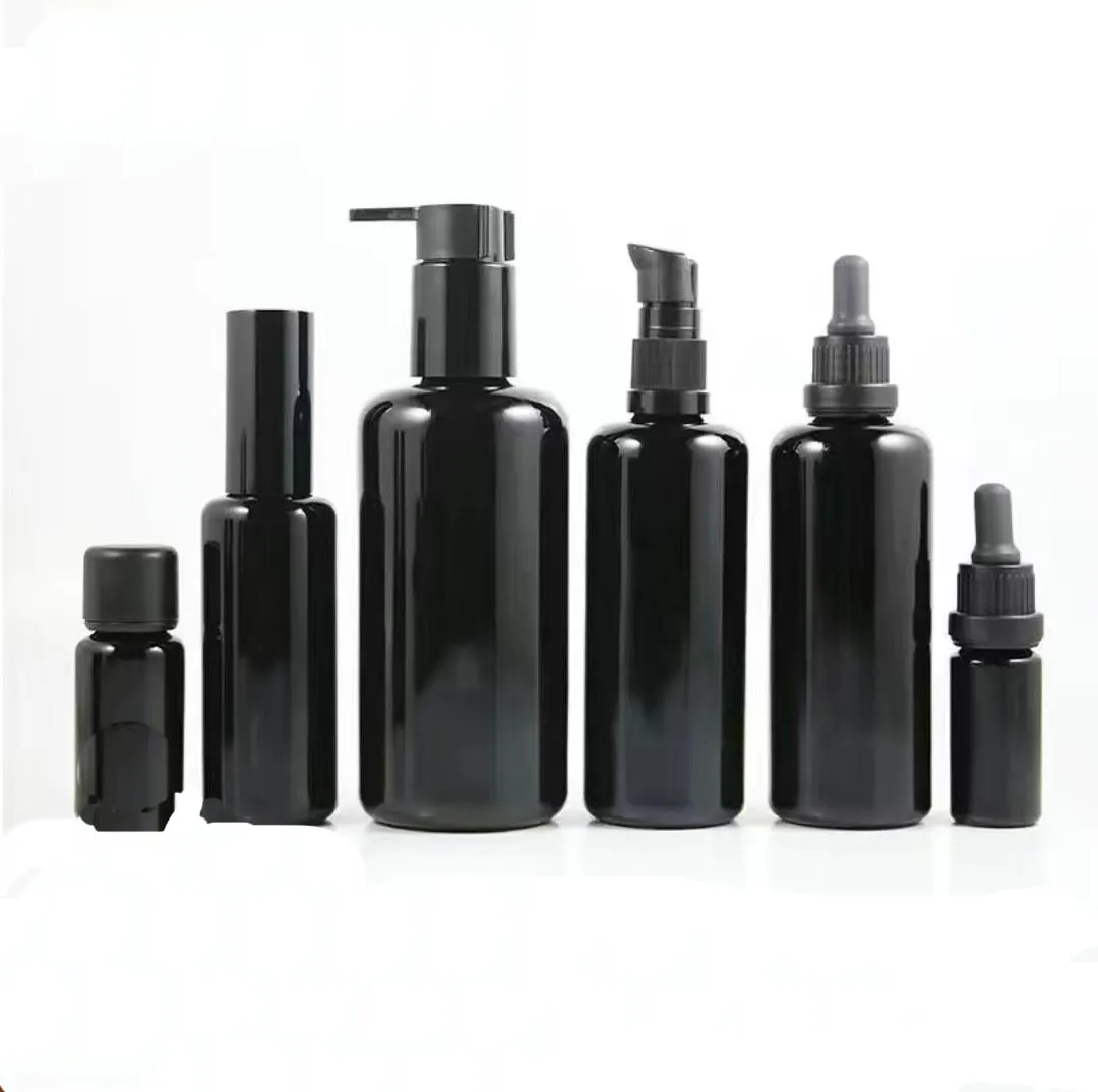 Luxury Cosmetic Glass Pump Press Bottle Matte Black Glass Bottle With Various Black Mouth For Cosmetic Packaging