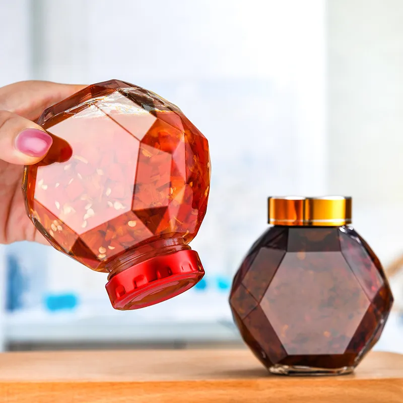 Luxury Empty 250g 500g 1kg Glass Wooden Dipper and Lid Hexagon Honey Bottles Jar