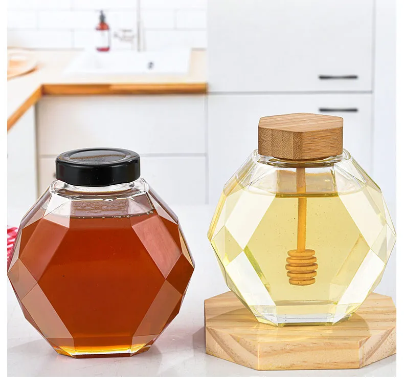 Luxury Empty 250g 500g 1kg Glass Wooden Dipper and Lid Hexagon Honey Bottles Jar