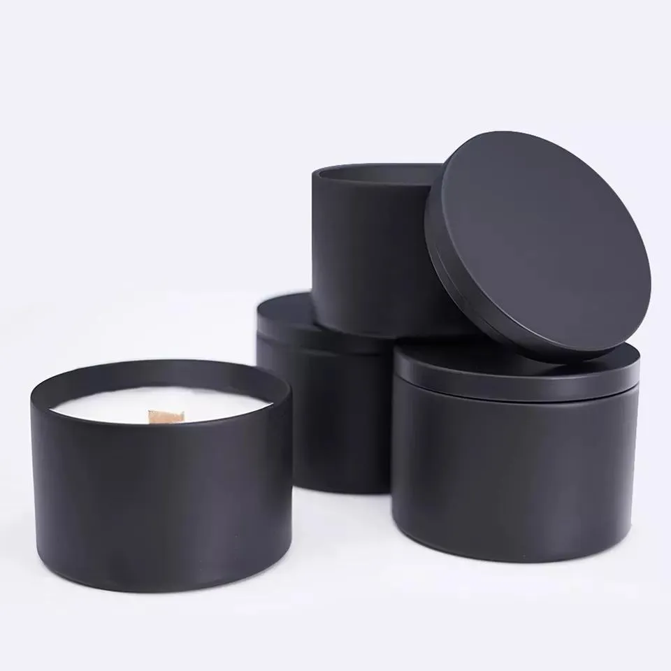 Luxury empty opaque round  matte black gold scented metal tin can for candle 4oz 8oz 10oz 12oz 16oz candle jars containers