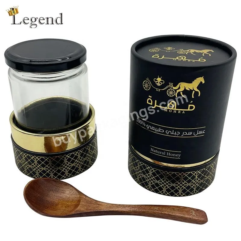 Luxury Gold Logo Black Paper Tube Boxes Honey Glass Jar Honey Box Cylinder Packaging Custom Honey Packing box