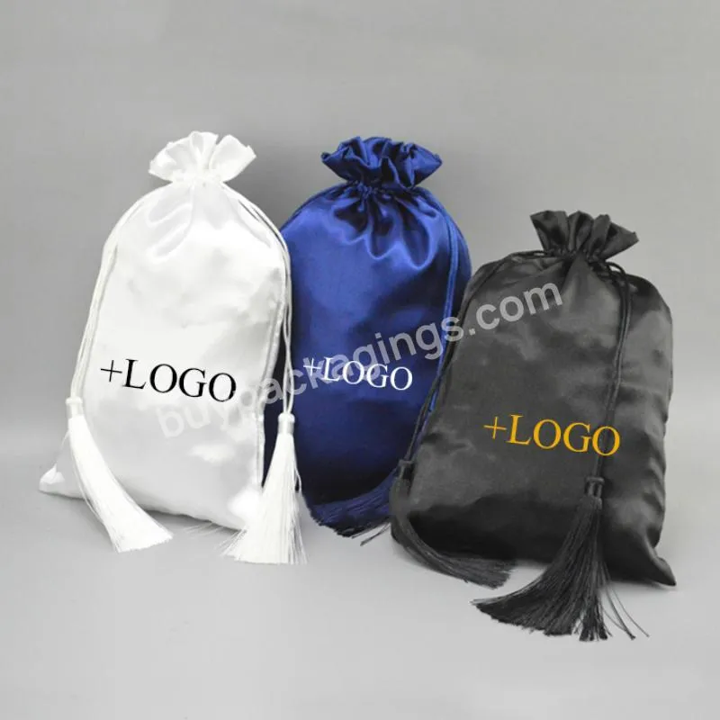 Luxury Satin Hair Bag Packing Jewelry Cosmetic Silk Drawstring Pouch Tassel Party Gift Wrapping Storage Sachet Print Logo