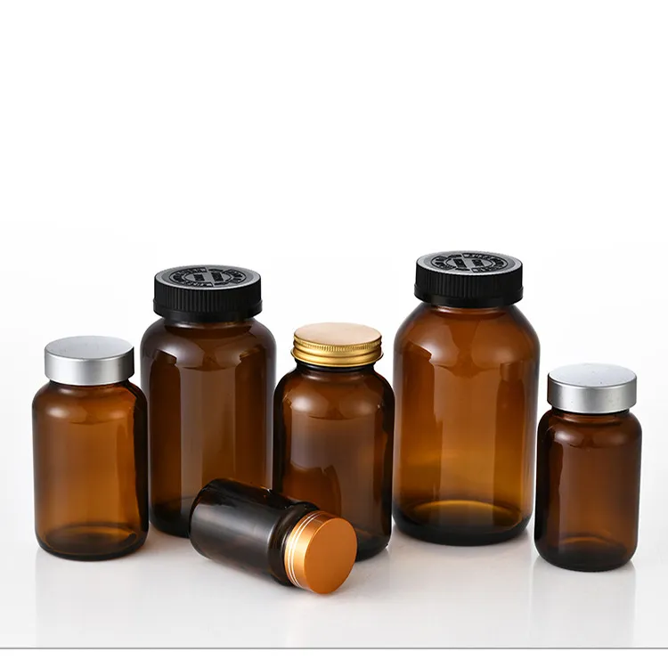 Manufacture Supplier Capsule Tablet  Light Proof Frosted Amber Color Medicine 75ml-500ml Black Cap Glass Bottle