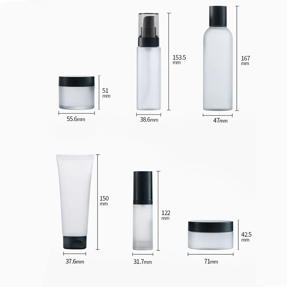 Manufacture Supplier Cosmetic Set Frosted Texture  Black Color Cap Travel Set Vacuum Plastic Bottle