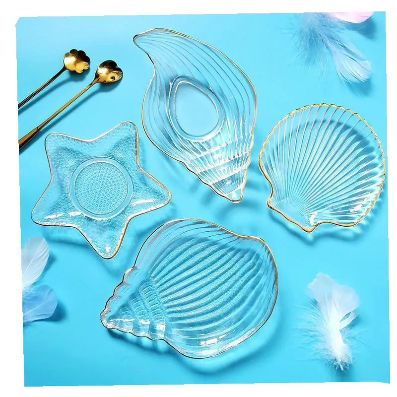 Manufacture Supplier Creative Ocean Style Gold Border Shell Conch Star Shaped Dessert  Glass Material Plate