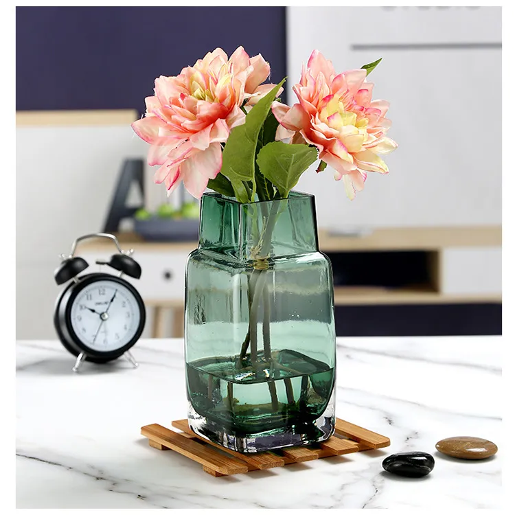 Manufacture Supply Square Bottom For Flower Bottle Green Grey Color  High Quality Material Glass Vase