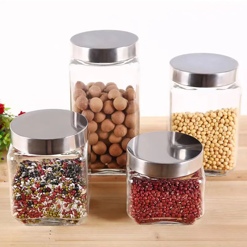 Manufacturer Direct Selling Square Shaped Glass Food Storage Jar With Stainless Steel Lid