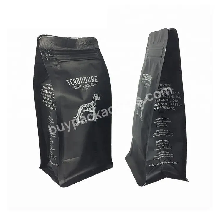 Matte Black Aluminum Foil Flat Bottom Standing Coffee Beans Storage Bags With Valve