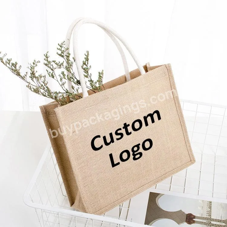 Natural Lamination Burlap Custom Logo Color Eco Friendly Grocery Tote Bags Reusable Jute Shopping Bag