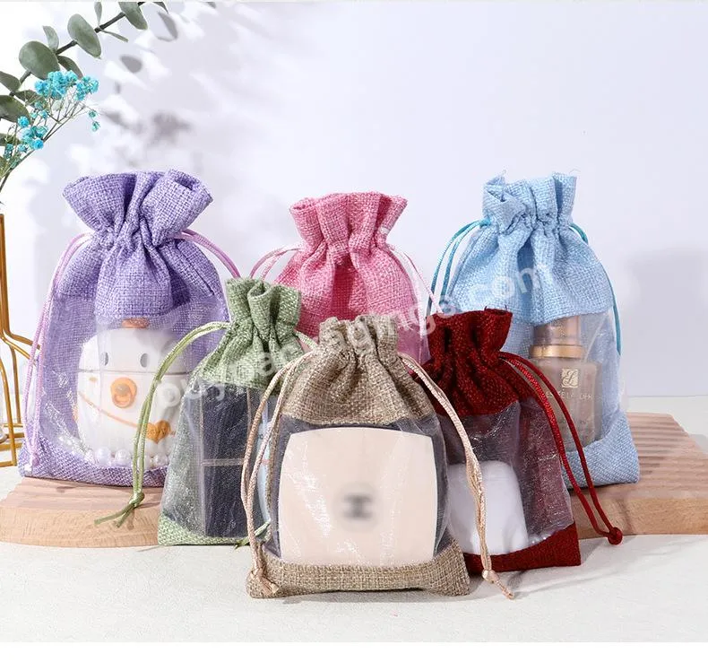 Natural Linen Gift Bag With Clear Window Birthday Wedding Party Candy Sack Jewelry Jute Gift Drawstring Pouch