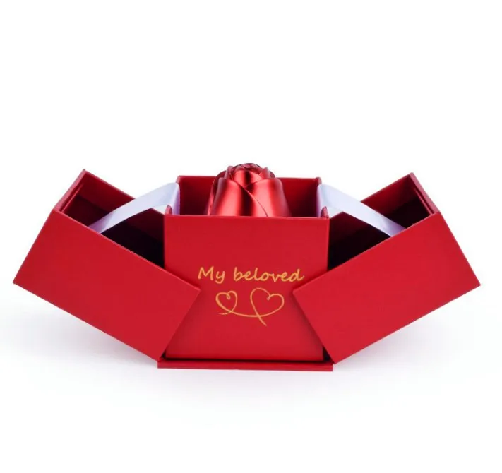 New Arrival Double Door Opening Red Paper Proposal Ring Box Rose Jewelry Box for Valentine's Day