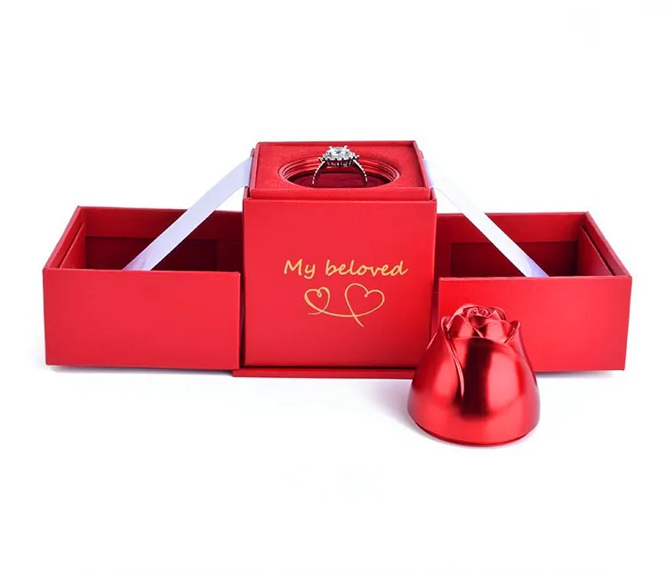 New Arrival Double Door Opening Red Paper Proposal Ring Box Rose Jewelry Box for Valentine's Day