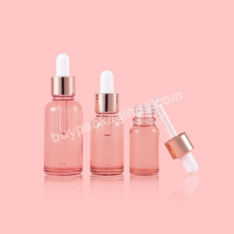 New Design Custom Pink Glass Dropper Bottle Rose Gold Cap For Essential Oil With Perfume