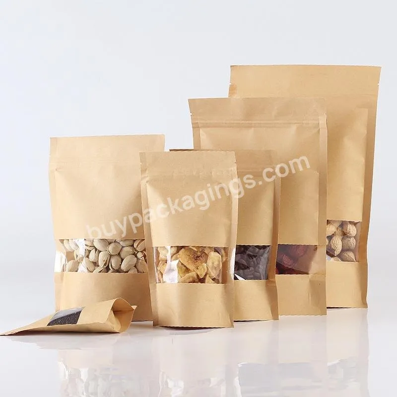 New Design Custom Printing Food Grade Ziplock Top Stand Up Pouch Kraft Paper Bag With Clear Window