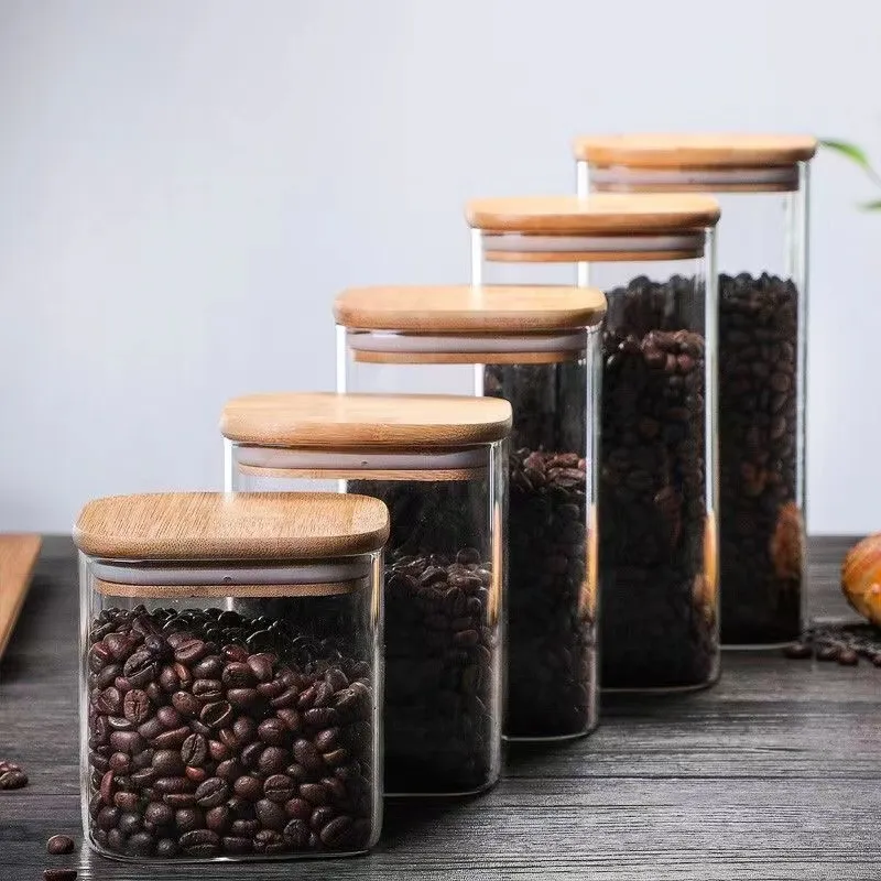 New Style High Borosilicate Glass Storage Jar For Dry Fruit Coffee Bean Canisters With Wooden Lid