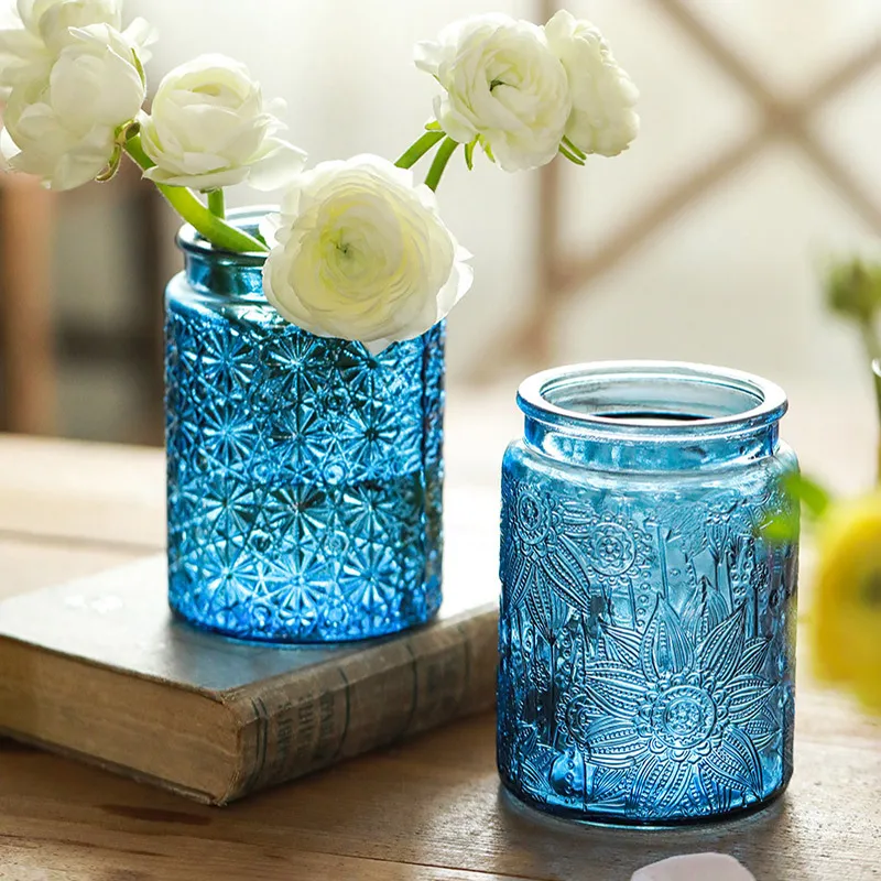 Nordic Style Colored Fresh Dry Flowers Arrangement Living Room Decoration Relief Pattern Glass Bottles