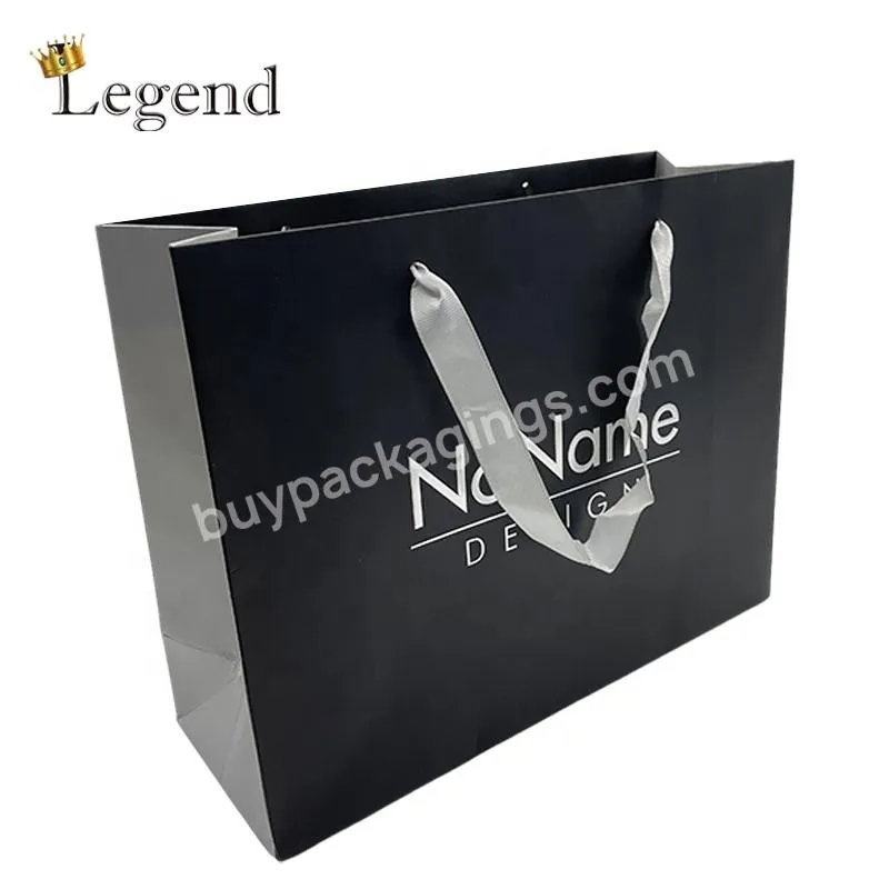 OEM Clothes Shopping Packaging Bags Silver Printing Hot Stamping Printed Logo Custom Black Paper Bag