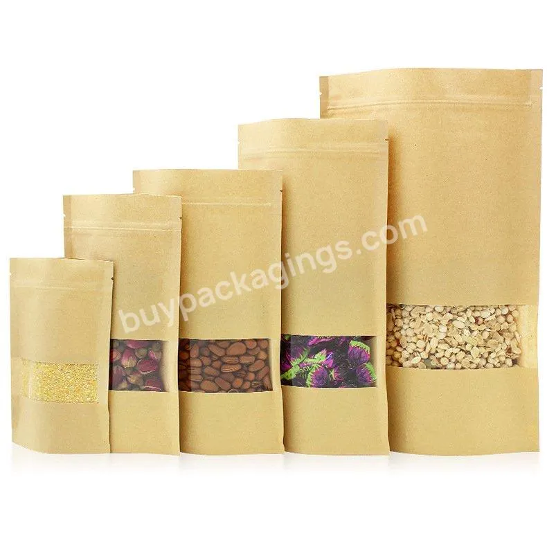 Packaging Biodegradable Kraft Paper Zip Lock Bag In Stock Kraft Paper Bag With Window For Food Kraft Paper Zipper Bag