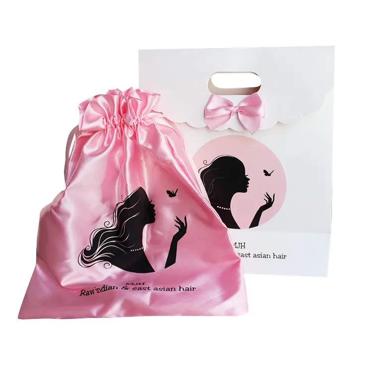 Pink Satin Draw String Silk Hair Bag Custom Logo Wig Bags