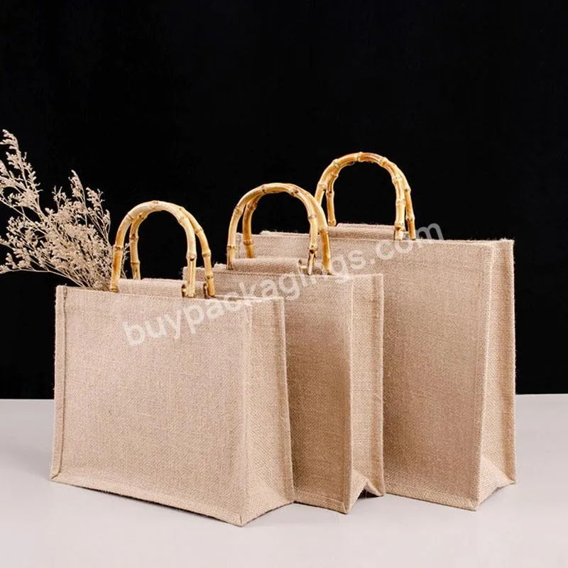 Portable Burlap Jute Shopping Bag Handbag Bamboo Loop Handles Tote Retro Diy Bag Handbag Women Big Size Beach Bag For Girls