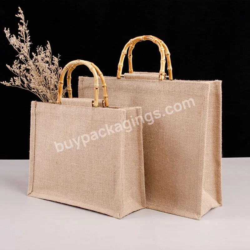 Portable Burlap Jute Shopping Bag Handbag Bamboo Loop Handles Tote Retro Diy Bag Handbag Women Big Size Beach Bag For Girls