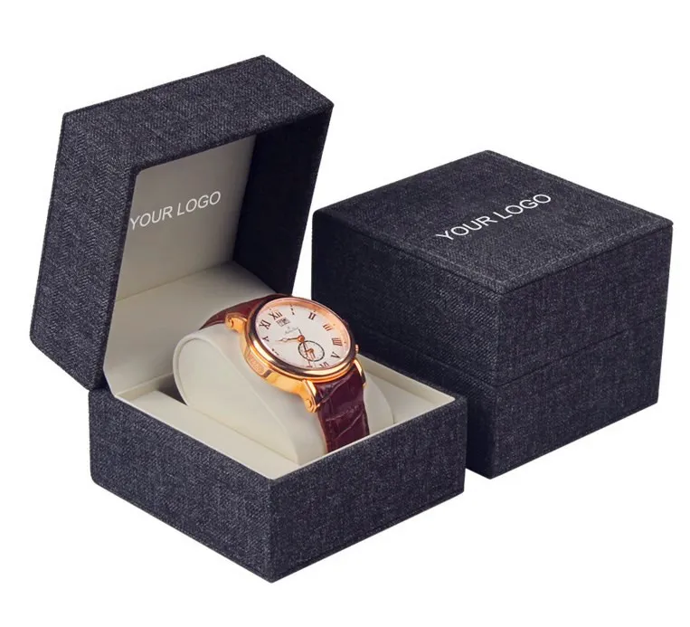 Premium Custom Logo Grey Linen Watch Storage Box Luxury Brand Packaging Box for Watch Cases