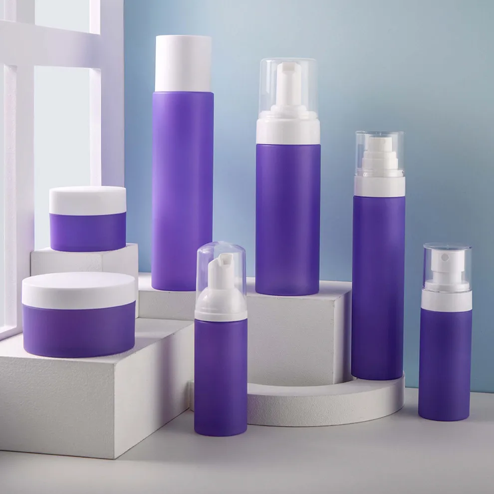 Purple Color Cosmetic Packaging Set  Multiple Capacity  Foam  Face Skin Care Frosted Spray Plastic Bottle