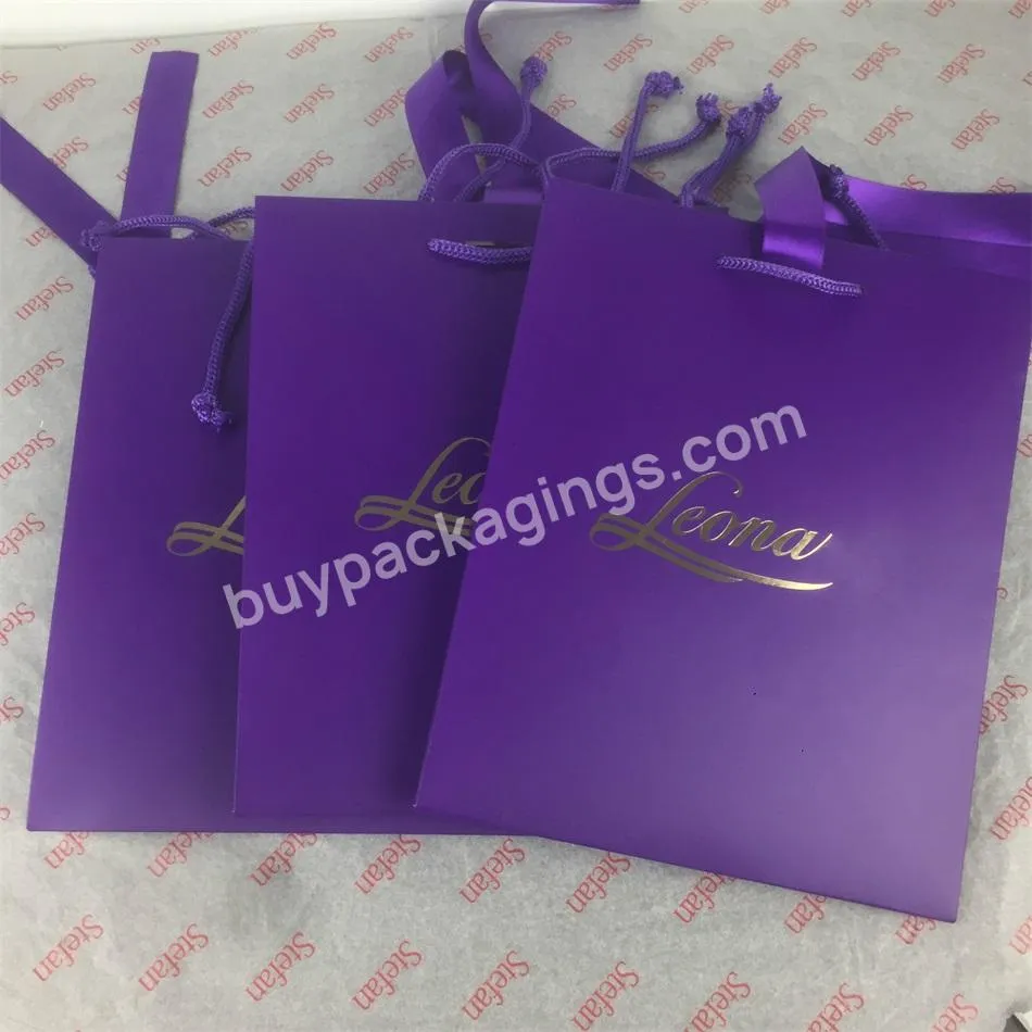 Purple Wholesales Custom Logo Printed Hign Quality Recycled Packaging Shopping Paper Bag With String Handles With Ribbon