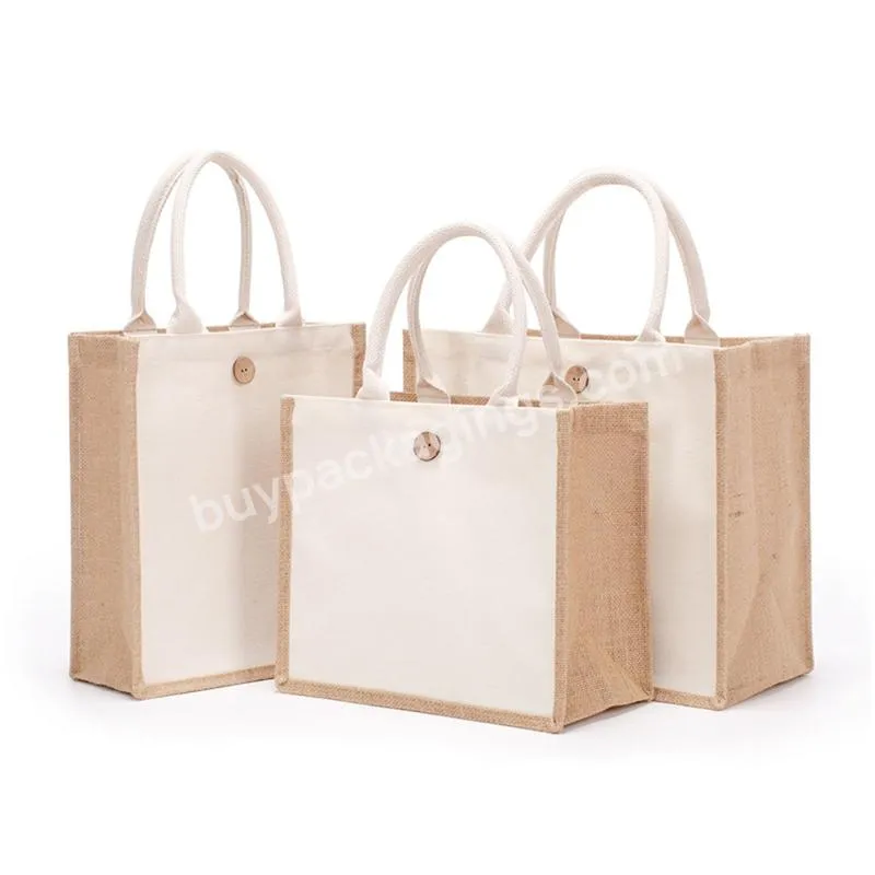 Reusable Burlap Jute Tote Shopping Bag With Sturdy Handle Large Capacity Women Casual Storage Organizer Handbag For Travel Beach