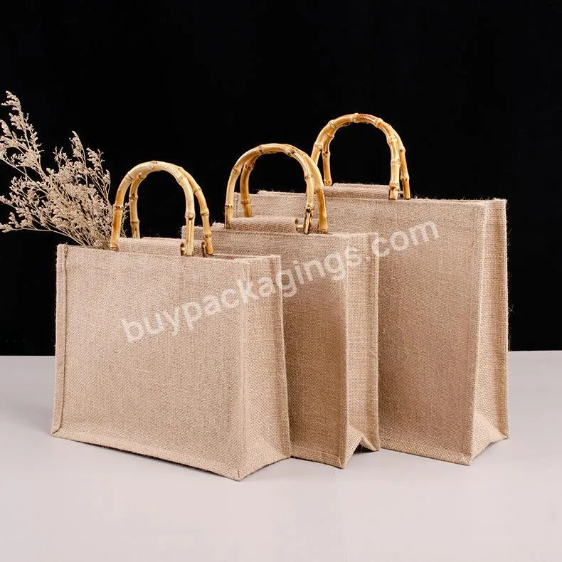 Reusable Logo Linen Durable Capacity Laminated Burlap 100% Jute Tote Bag For Gift Grocery Shopping Beach With Bamboo Handle