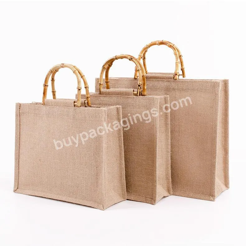 Reusable Logo Linen Durable Capacity Laminated Burlap 100% Jute Tote Bag For Gift Grocery Shopping Beach With Bamboo Handle