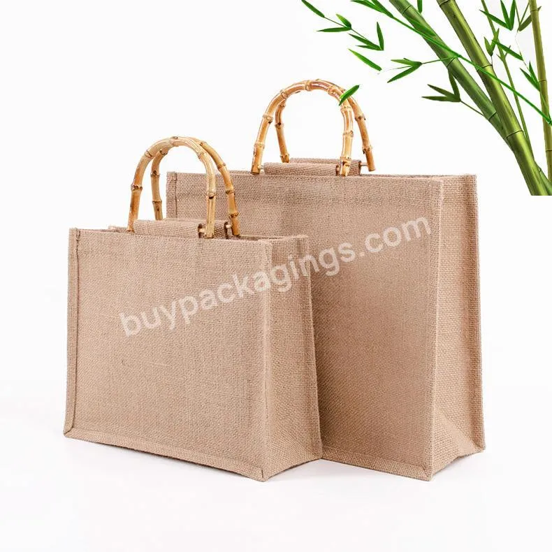 Reusable Logo Linen Durable Capacity Laminated Burlap 100% Jute Tote Bag For Gift Grocery Shopping Beach With Bamboo Handle