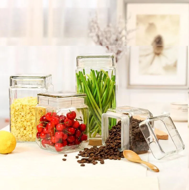 Square Glass Jar With Airtight Glass Lids Transparent Clear Glass Food Canisters for Tea Nuts Spice Candy