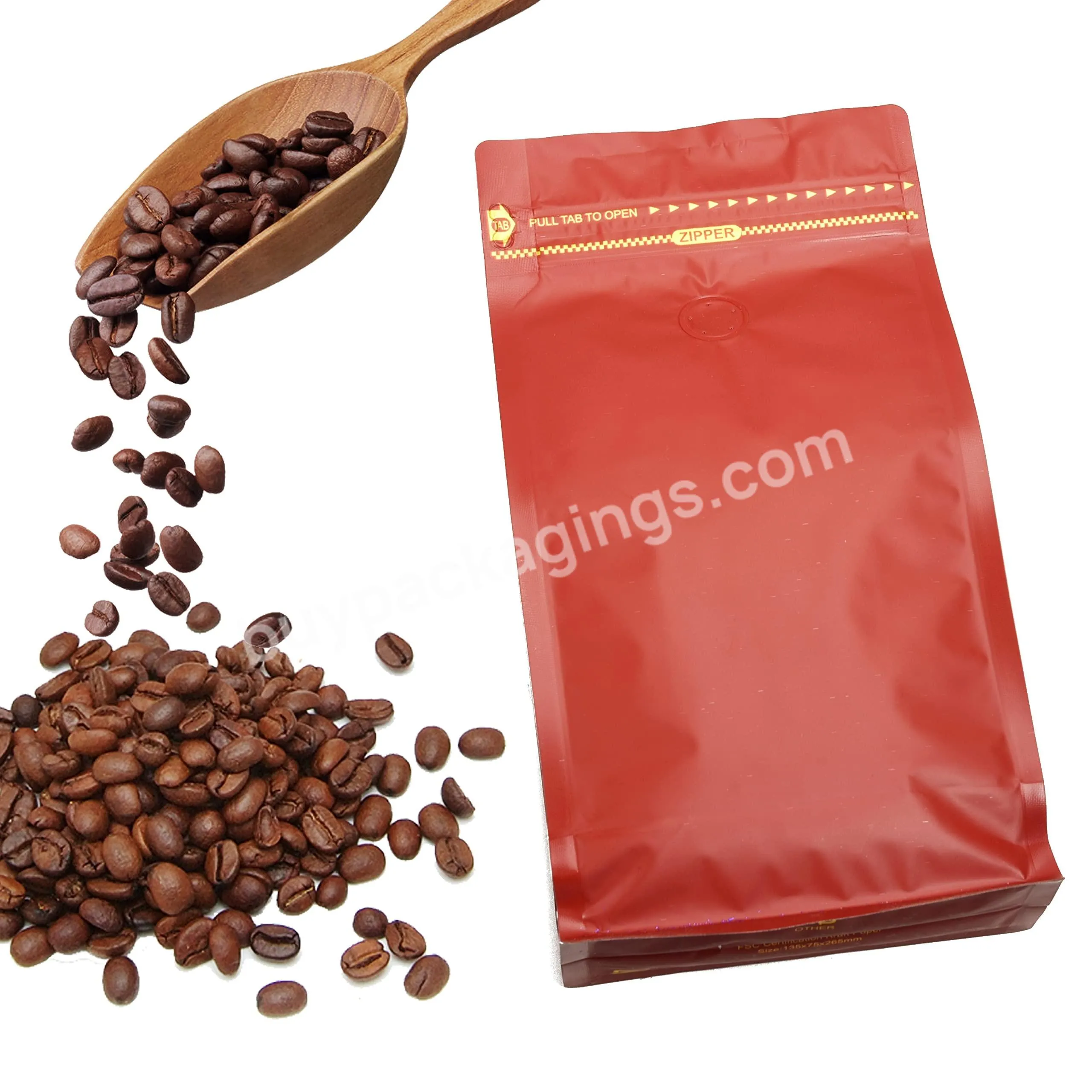 Stand Up Block Bottom Side Gusseted Coffee Pouches Bags With One Way Degassing Valve And Reusable Side Zipper