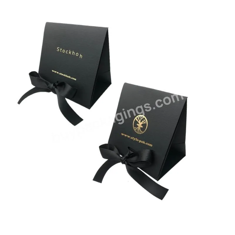 Tiny Little Small Stand-up Lovely Pocket Folding Box Texture Special Material Custom Carry Paper Bag With Hole And Black Ribbon