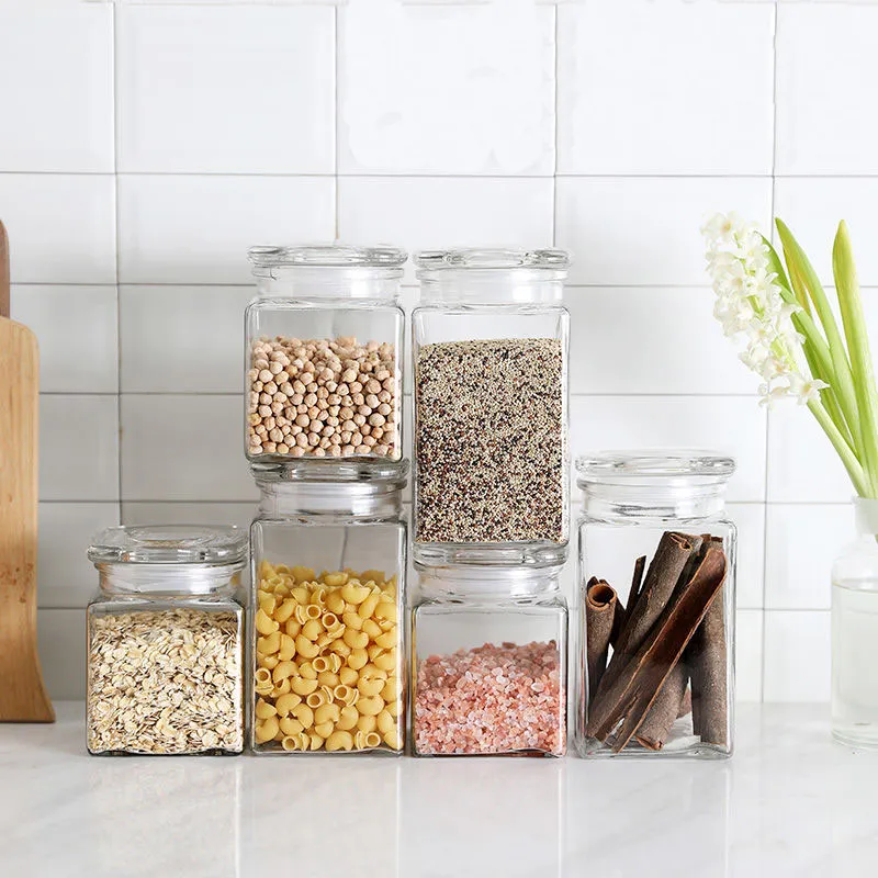 Transparent 800ml 1200ml Square Glass Food Cereal Storage Jar With Airtight Glass Lids