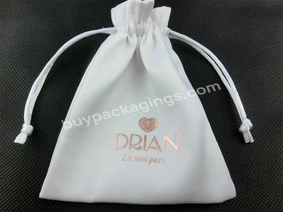 White Black Luxury Thick Soft Satin Fabric Velvet With Ribbon Pp Cord Drawstring Gold Foil Logo For Wedding Pearl Bag Pouch