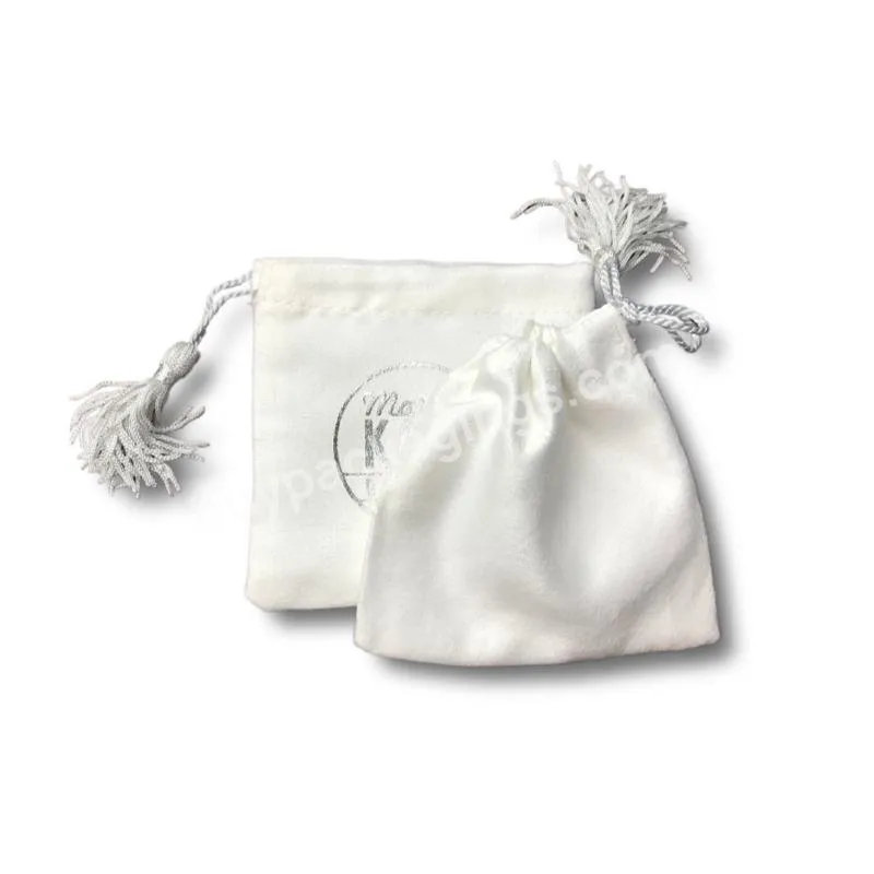 White Color Suede Velvet With Customized Logo Rose Gold Foil With Tassel Ties For Watch Gift Jewelry Hair Wedding Pouch Bag