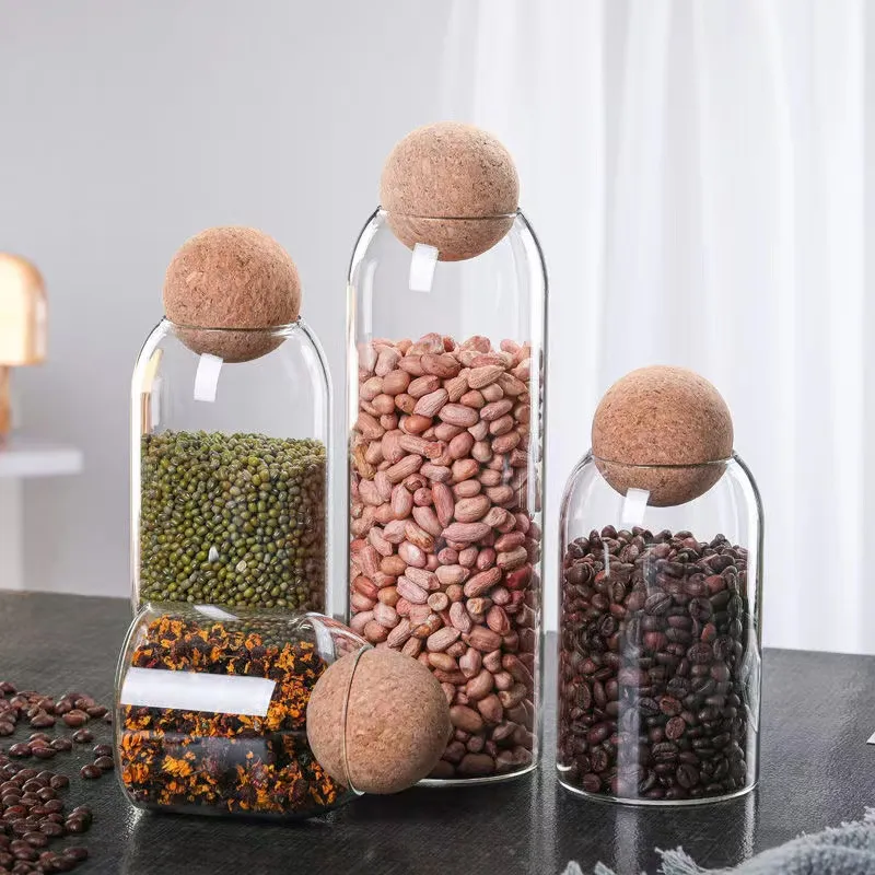 Wholesale Borosilicate Kitchen Food 500ml 800ml 1200ml Glass Bottle Wooden Cork Ball Stopper Lid Glass Jar