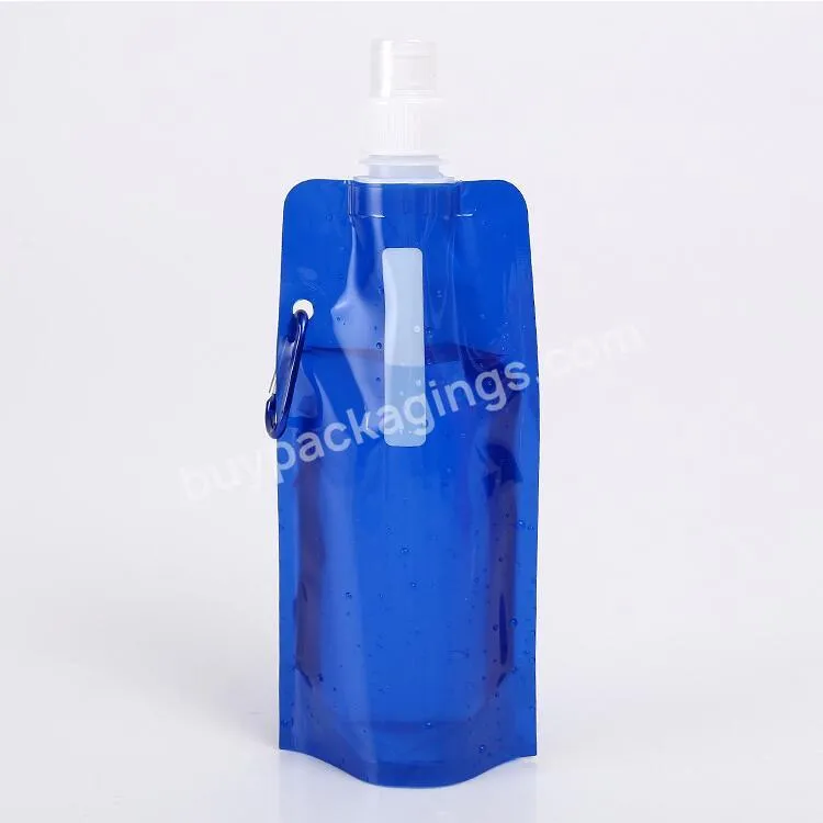 Wholesale Custom Logo Printed 16 Oz Plastic Clear Folding Bpa Free Collapsible Water Bag Foldable Water Bottle With Carabiner