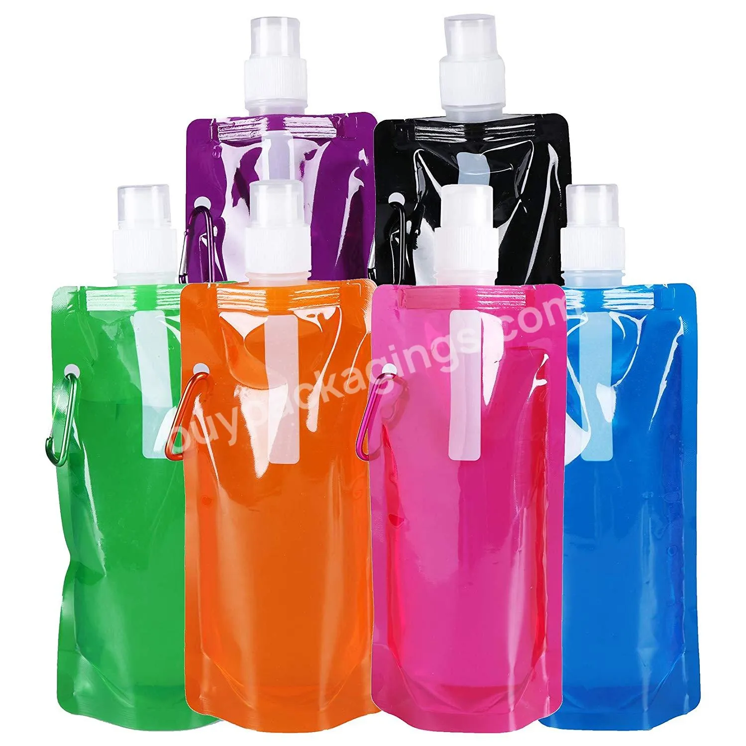 Wholesale Custom Logo Printed 16 Oz Plastic Clear Folding Bpa Free Collapsible Water Bag Foldable Water Bottle With Carabiner