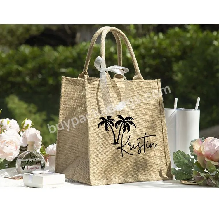 Wholesale Custom Print Luxury Eco Friendly Organic Natural Fabric Wedding Souvenir Women's Tote Jute Packing Gift Bag With Logo