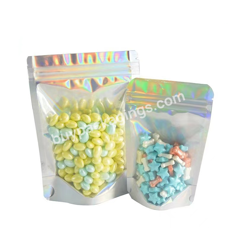 Wholesale Customized Glossy Colorful Holographic Resealable Aluminum Foil Zip Lock Stand Up Pouch